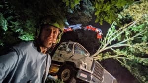 Fallen tree being removed by crew during emergency response in Canton GA residential area