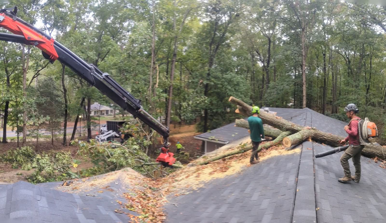 Crew clearing the last log sections and debris off an Alpharetta roof with a backpack blower, September 2024