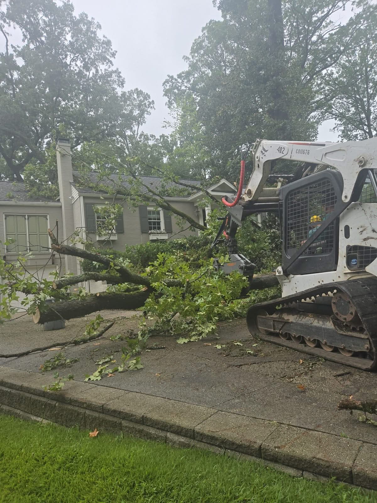 Tracked grapple loader carrying sections of a downed oak across the pavement in front of a house