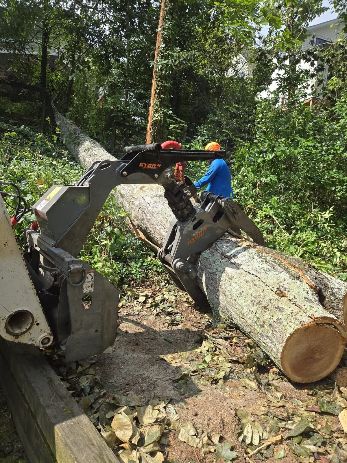 Skid-steer grapple gripping a large log section while a helmeted worker guides it