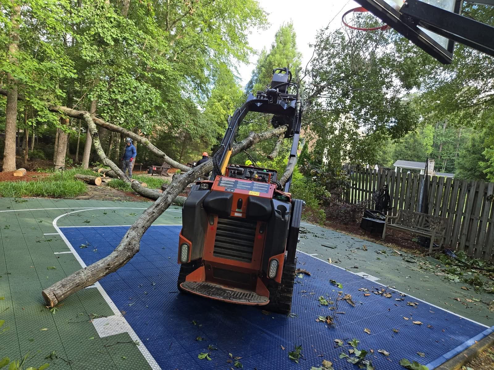 Compact skid steer with grapple carrying a felled limb across a backyard basketball court in Powder Springs GA, June 2025
