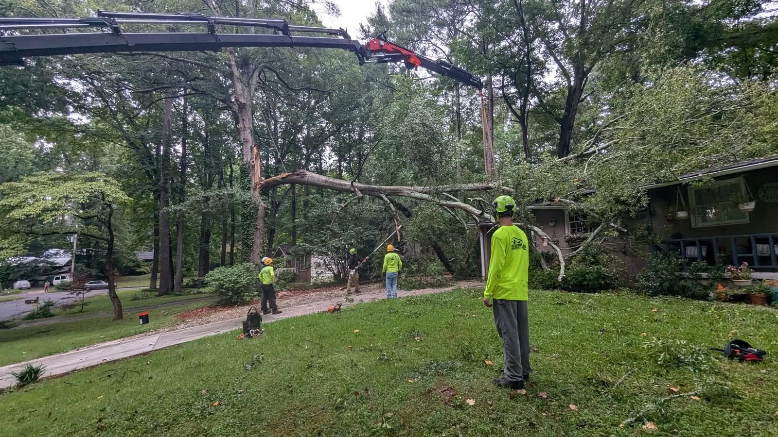 Tree removal crew and grapple-saw crane working a storm-fallen tree on a house in Decatur GA, July 2024