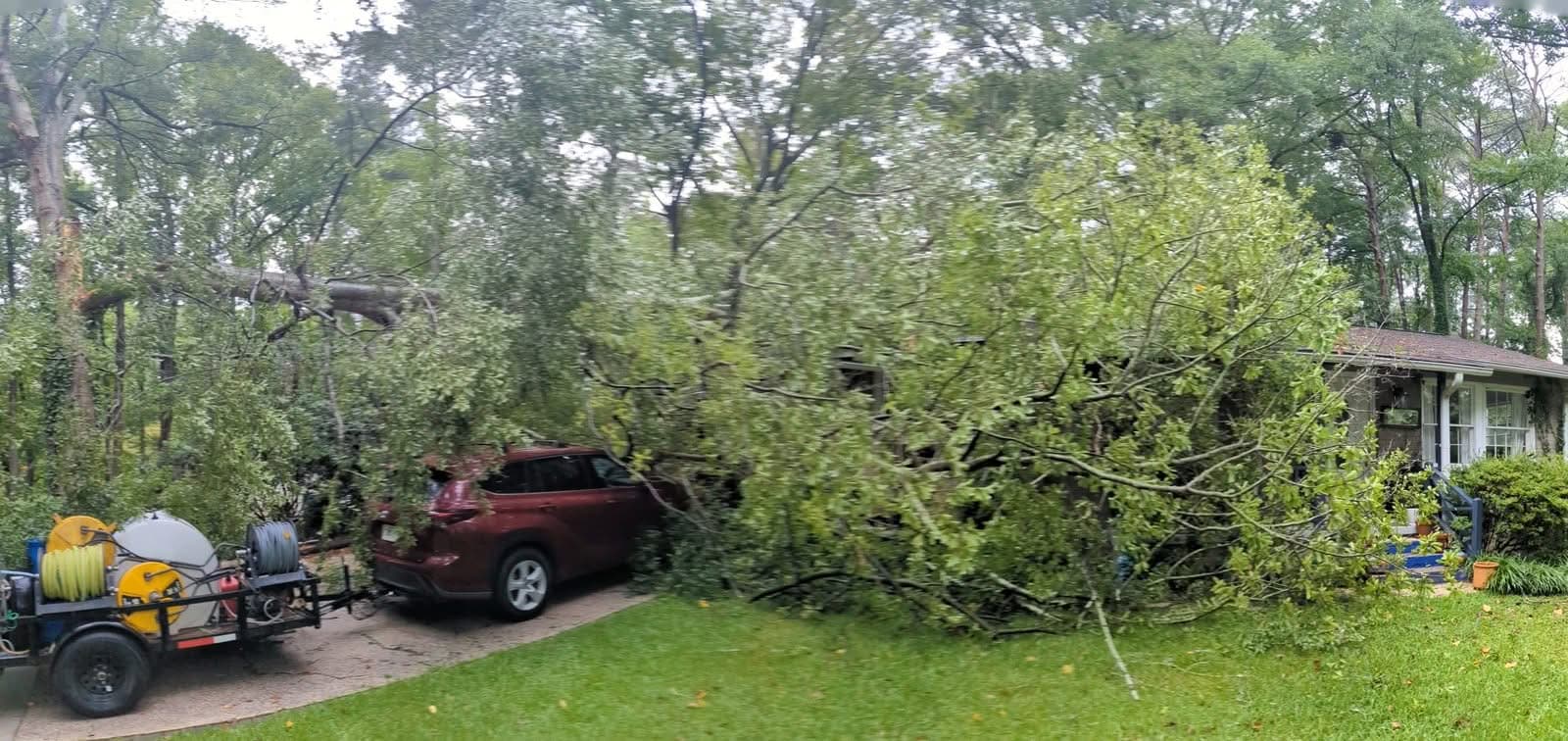 Storm-fallen tree covering the front of a house and an SUV in Decatur GA, July 2024