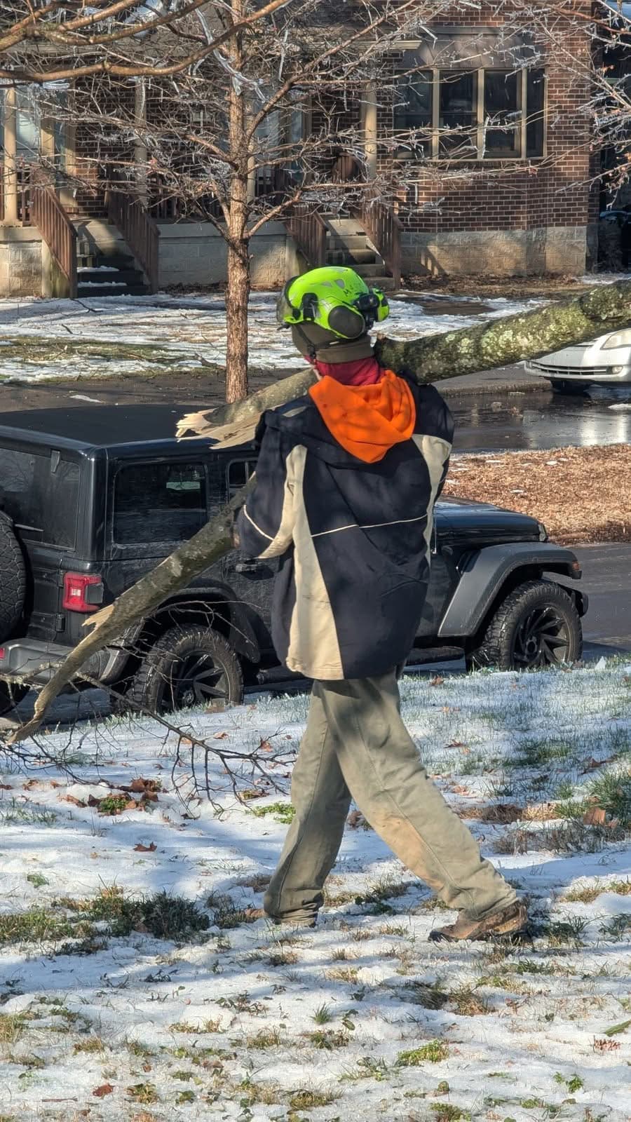 Crew member in a helmet shouldering a long splintered limb across a snow-patched yard, ice-covered branches in the background