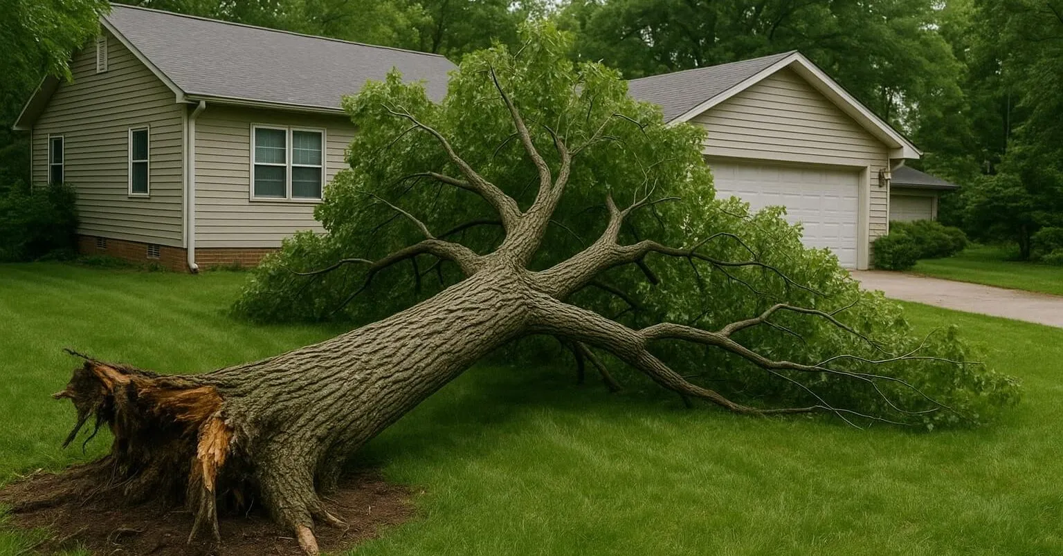 A fallen tree blocking a driveway after a storm, requiring emergency removal.