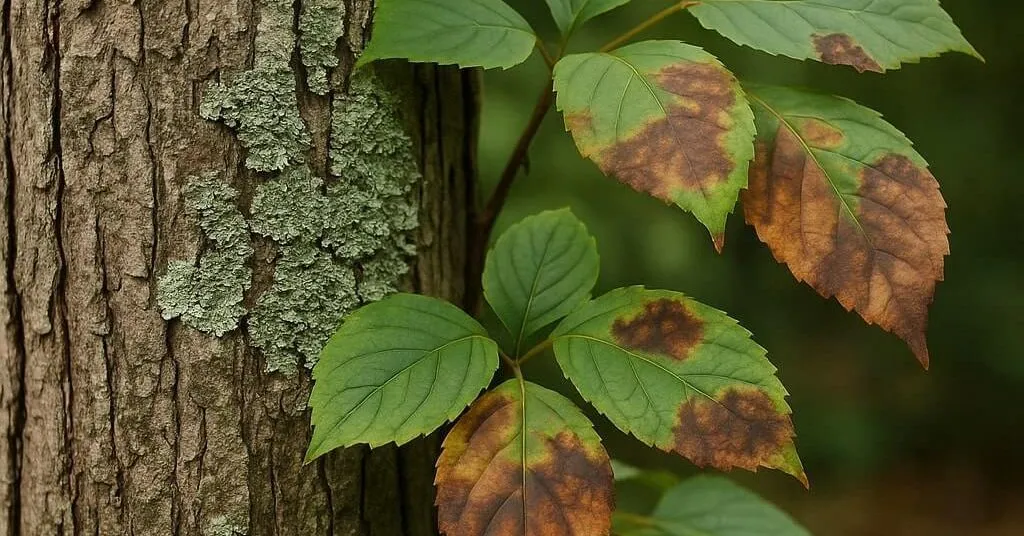 Close-up of a tree trunk with lichen, discolored leaves showing signs of disease, and a small mushroom growing at the base, indicating potential tree health issues